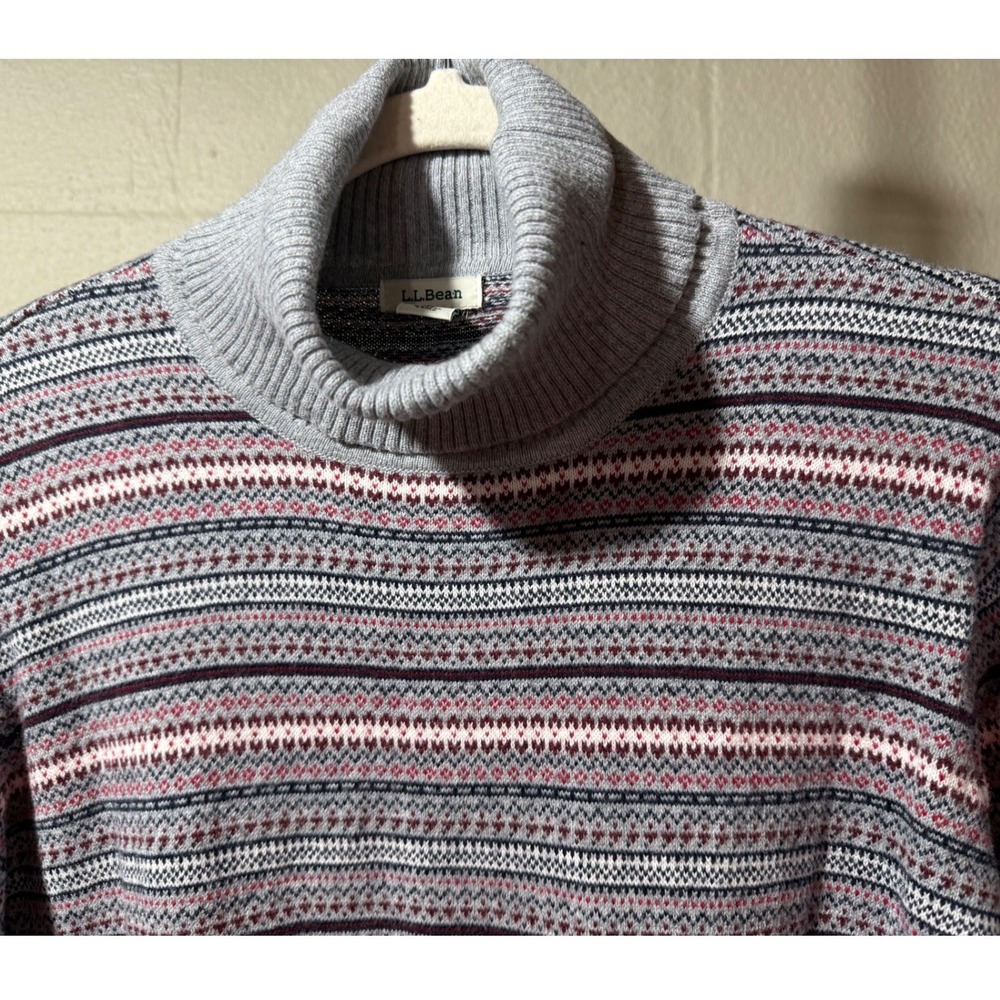 L.L.Bean Fair Isle Turtleneck Sweater Women Size L Gray Pink Blue Pattern Cotton - Picture 2 of 14